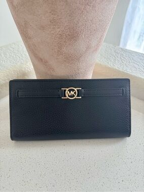 Michael Kors Black Pebbled Leather Continental Wallet with Gold MK Emblem